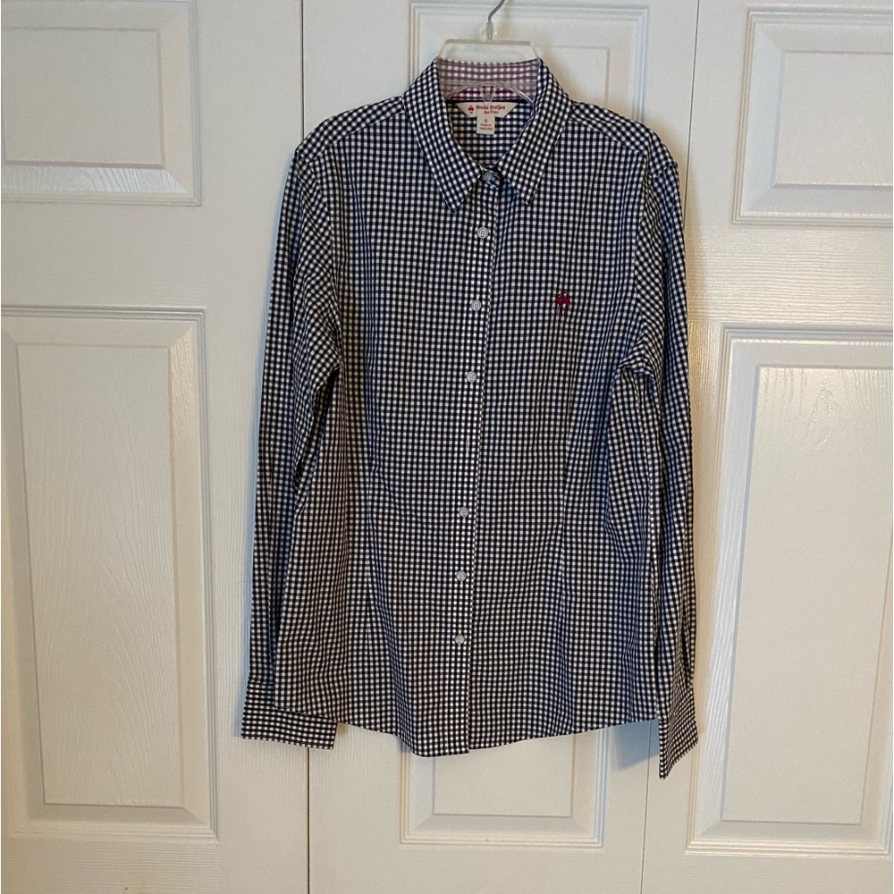 Brooks Brothers Red Fleece Womens Sz 8 Black White Gingham Button Up Shirt Plaid